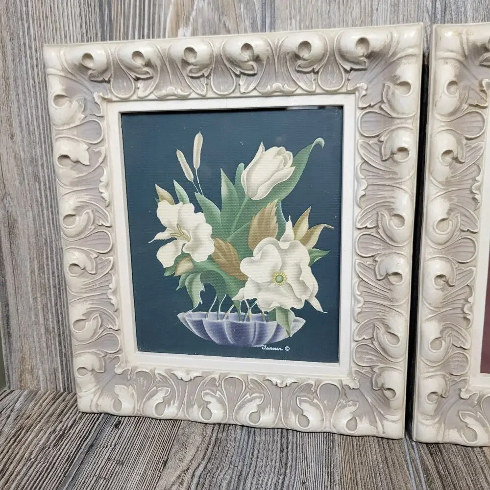 Vintage Turner Floral Prints Pair MCM White Flowers Ornate Cream Framed Wall Art